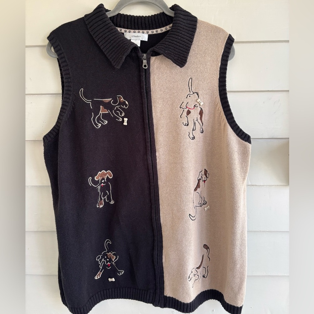 CJ Banks Vintage Embroidered Dog Full Zip Sweater Vest Size 2X